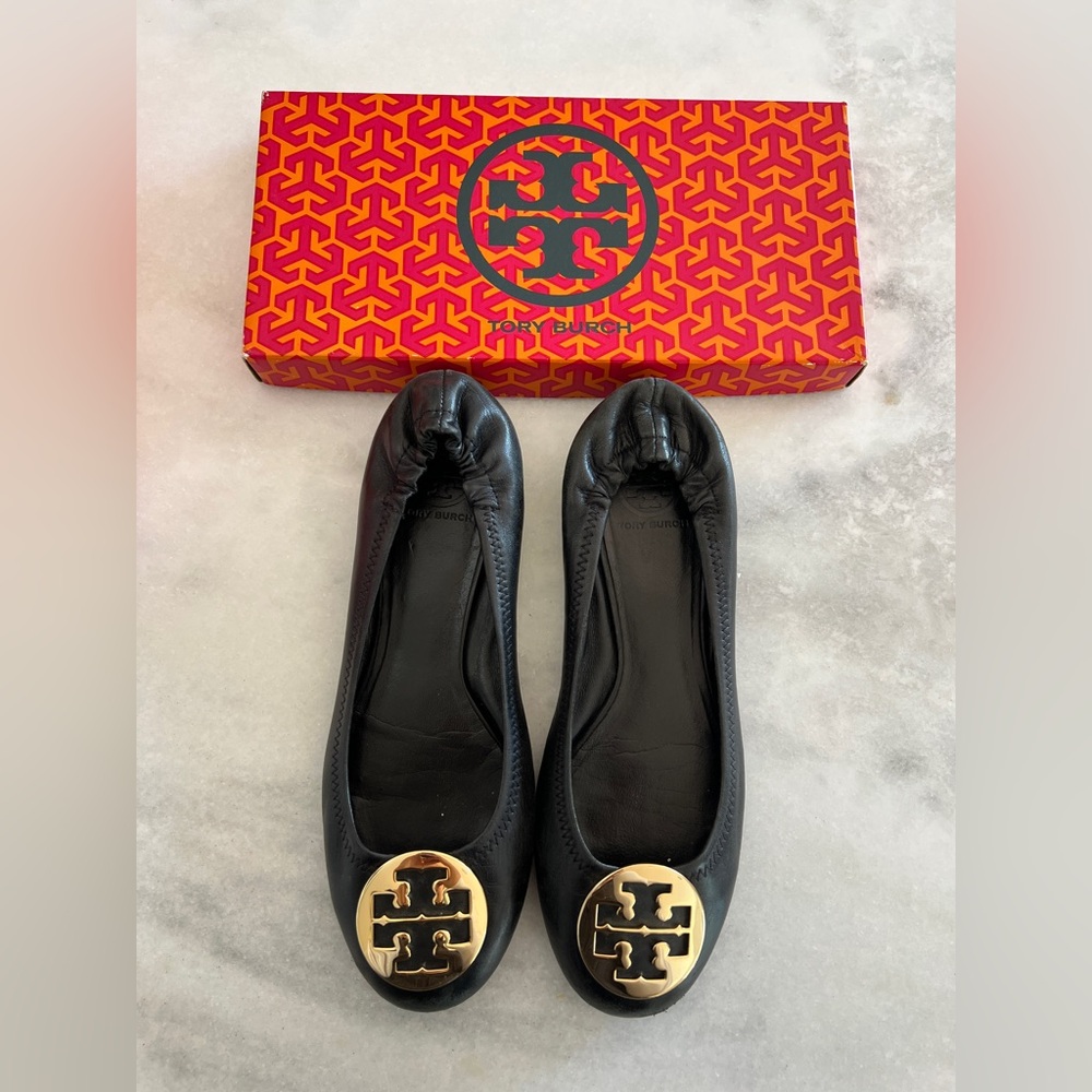 Tory Burch Black Flats with Gold Emblem